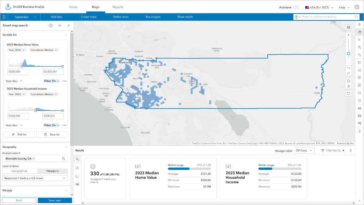 Resolution 7 hexagons smart map search in Riverside County