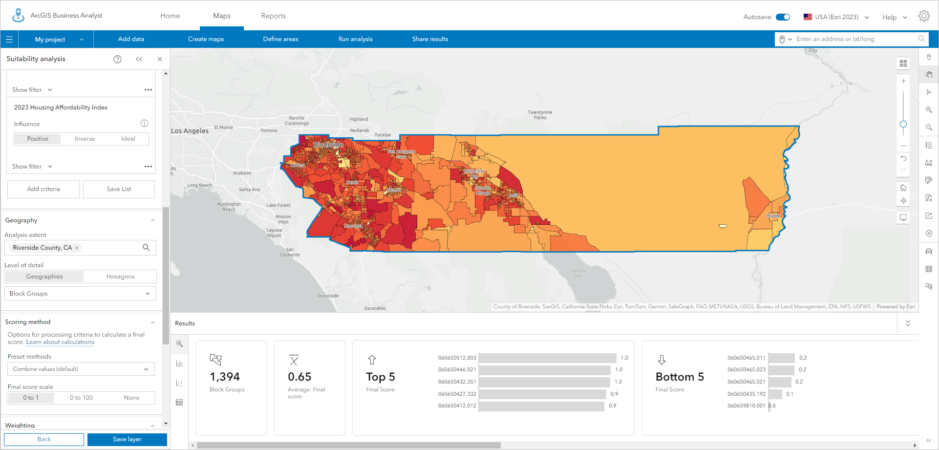 Block groups in Riverside County suitability analysis