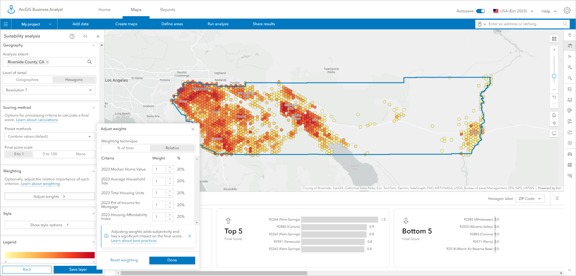 Resolution 7 hexagons in Riverside County suitability analysis