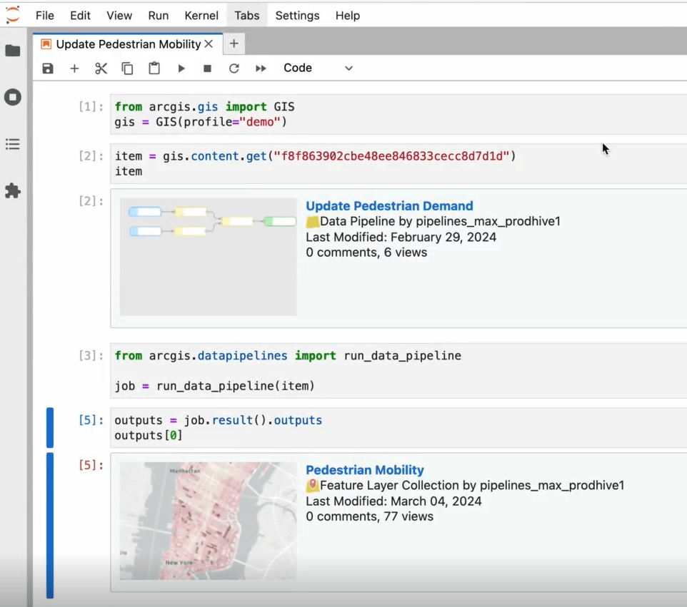 Max's Jupyter notebook utilizes the ArcGIS API for Python to update his feature layer data programmatically.