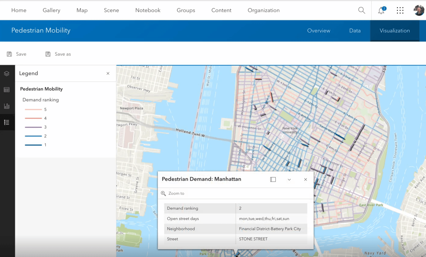The resultant feature layer includes street data categorized based on pedestrian mobility demand.