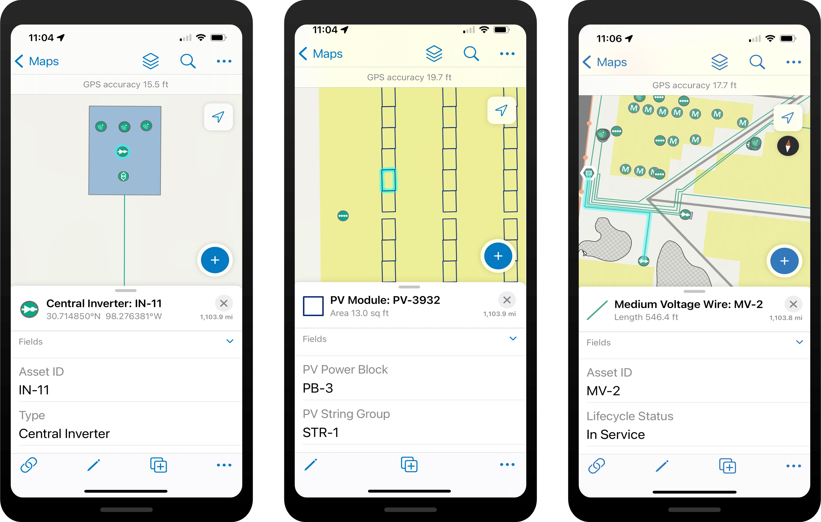 Three mobile devices showing solar site data being added.