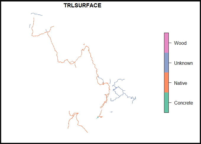 A plot of the Zion trail features symbolized by trail surface type