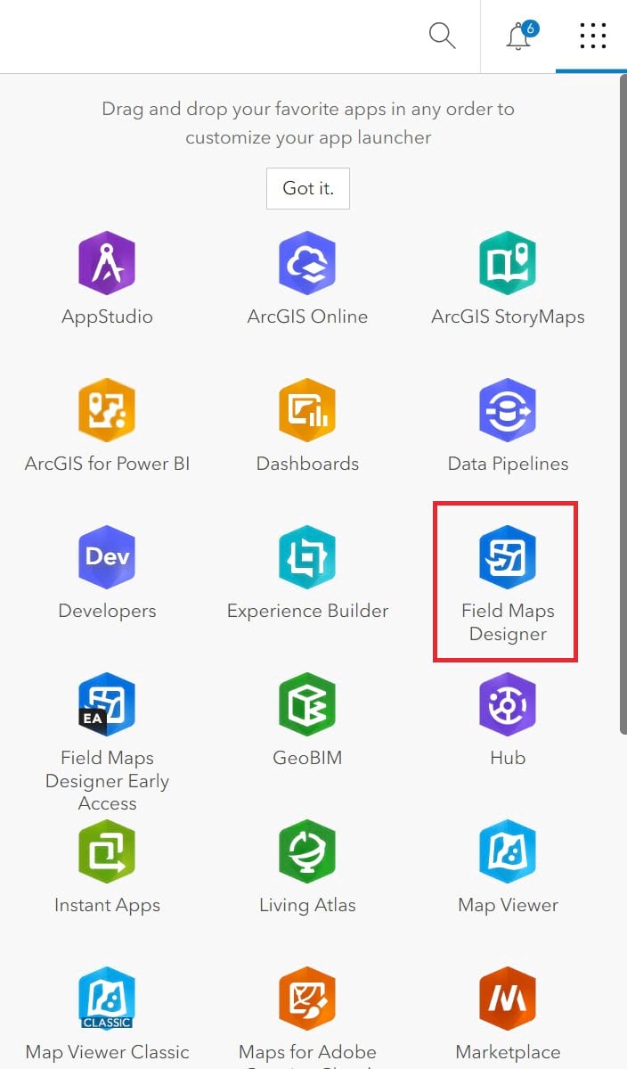 App launcher apps with Field Maps Designer highlighted