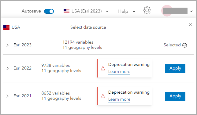 Esri 2021 and Esri 2022 data sources will be deprecated in the June 2024 release. Esri 2021 and Esri 2022 data sources will be deprecated in the June 2024 release.