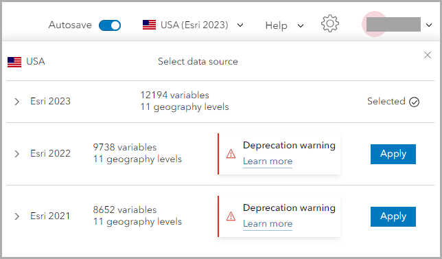 Esri 2021 and Esri 2022 data sources will be deprecated in the June 2024 release.