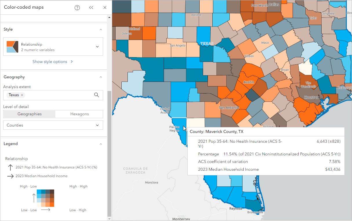 Relationship map of insurance and income in Texas