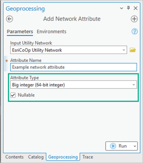 Add Network Attribute geoprocessing tool displaying the creation of a new big integer network attribute.