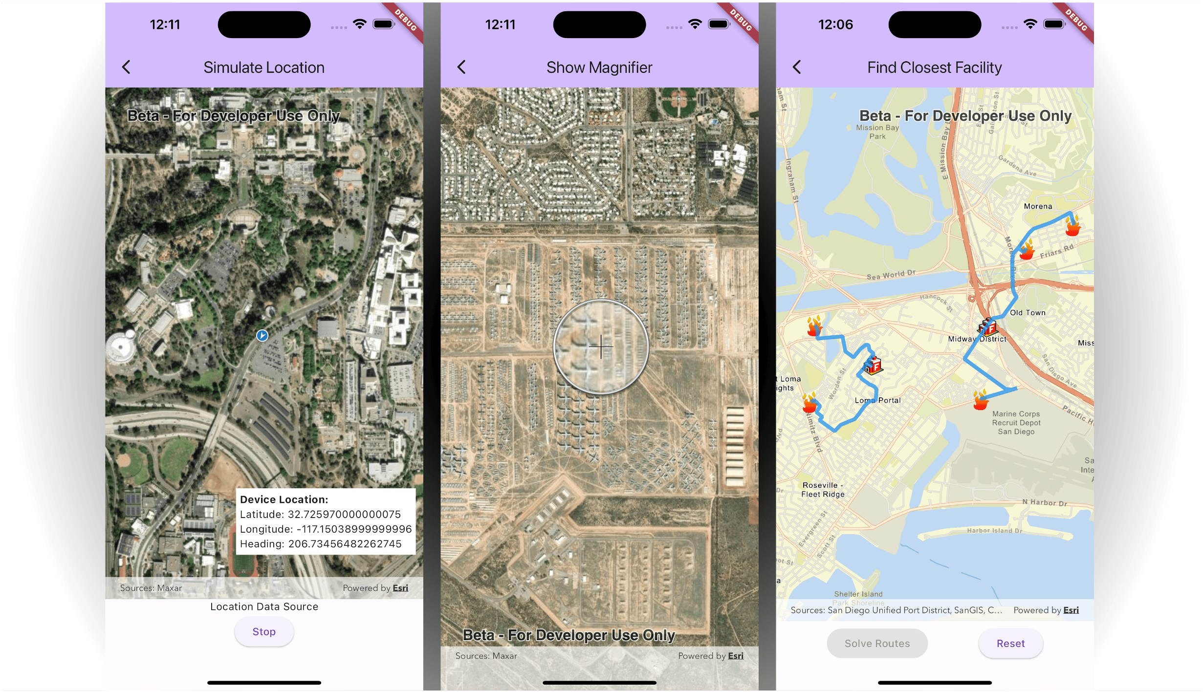 Three mobile phone screens showing maps.