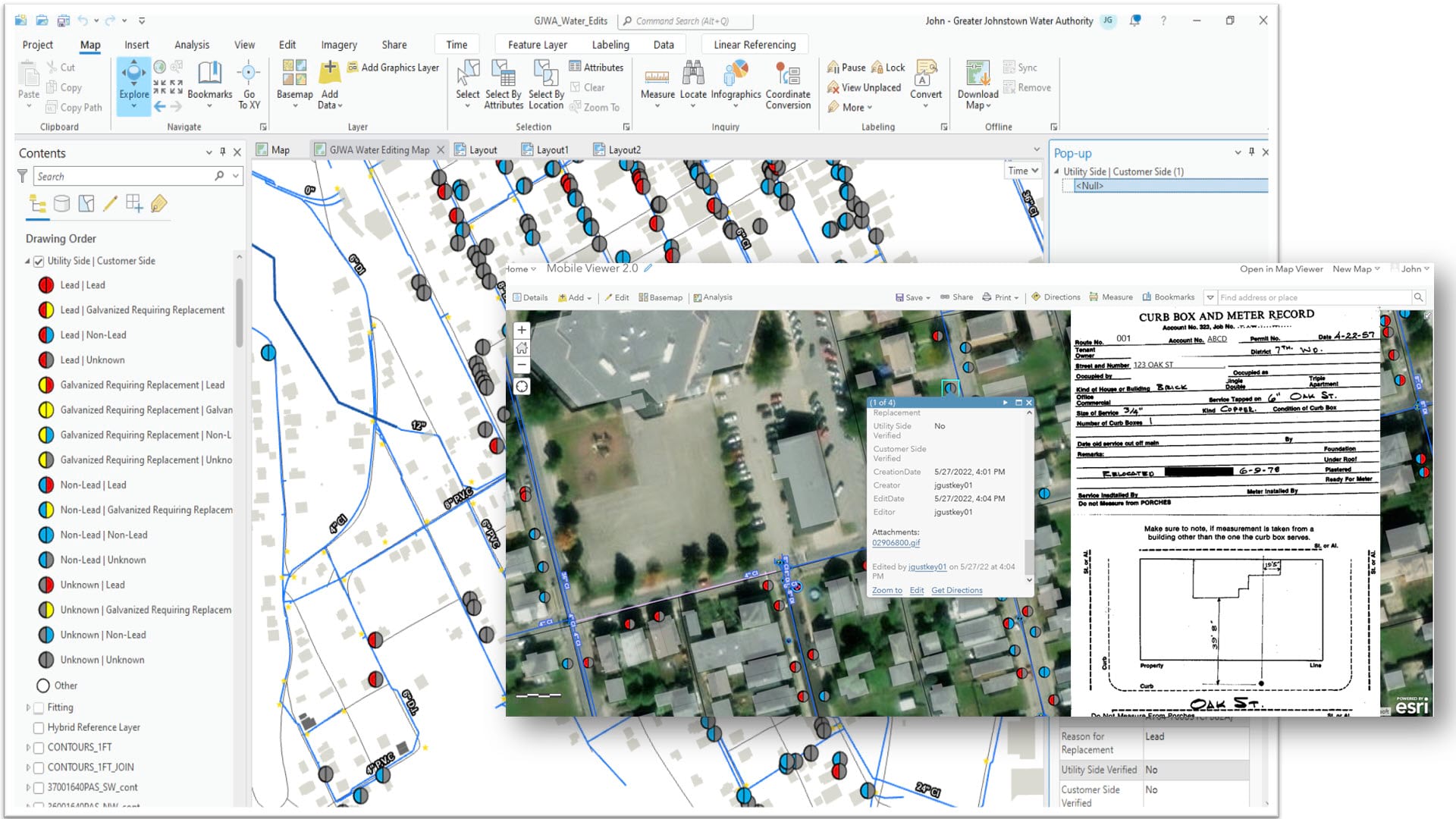 Service lines mapped and shown in ArcGIS Pro and GJWA’s mobile viewer, including the attached tap card records. Click on the image to learn more about the work GJWA has done to meet LCRR requirements.