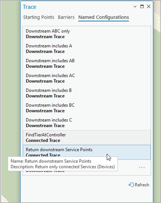 The Named Configurations tab on the Trace pane displaying various named trace configurations stored in the utility network.