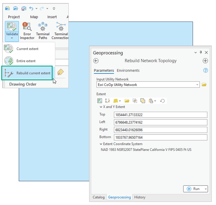 Examples of the Revbuild current extent and Rebuild Network Topology geoprocessing tool in ArcGIS Pro 3.3.