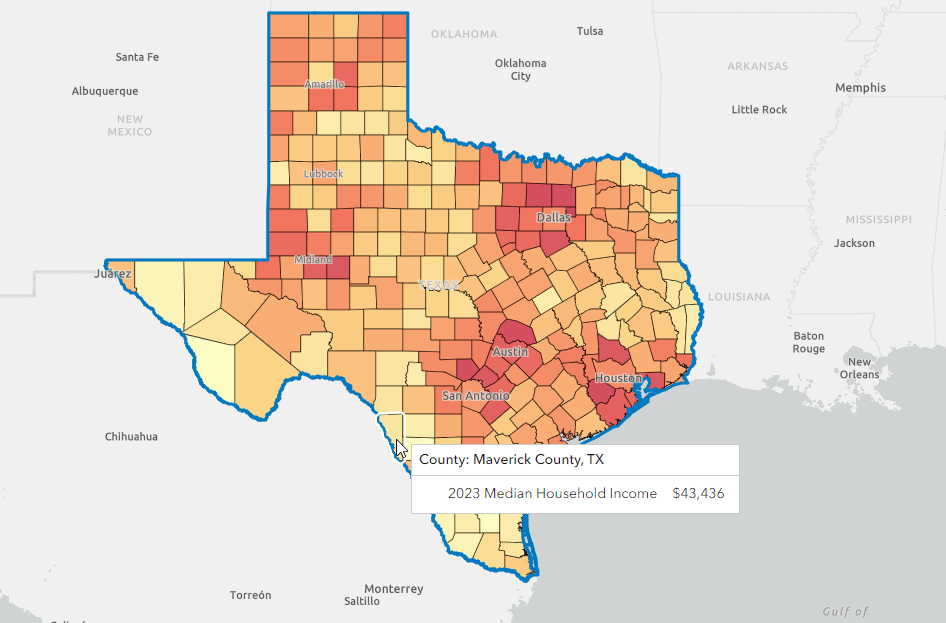 Color-coded map of median income in Texas
