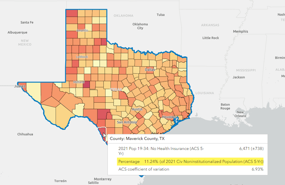 Color-coded map of no health insurance in Texas