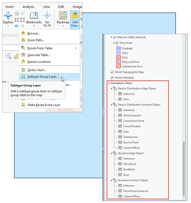 Use the Subtype Group Layer option from the Add Data menu to create a subtype group table to the map.