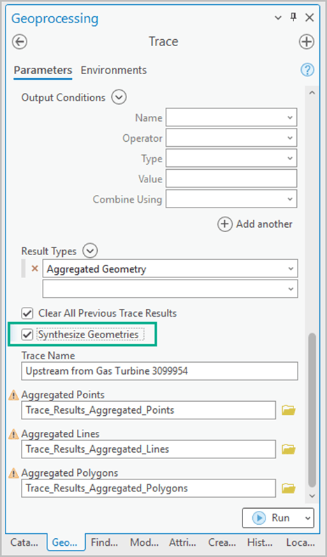 Trace geoprocessing tool displaying the new Synthesize Geometries parameter.