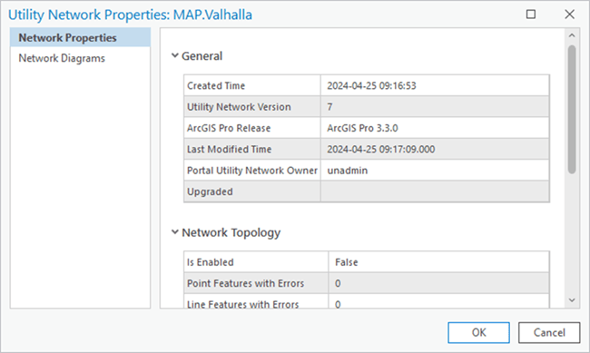 Utility Network Properties dialog for a version 7 utility network dataset.
