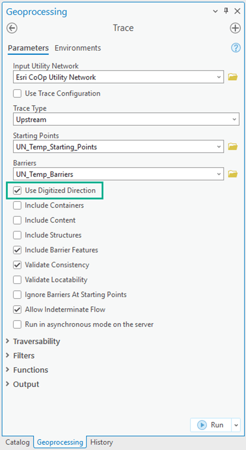 Trace geoprocessing tool displaying the Use Digitized Direction parameter.