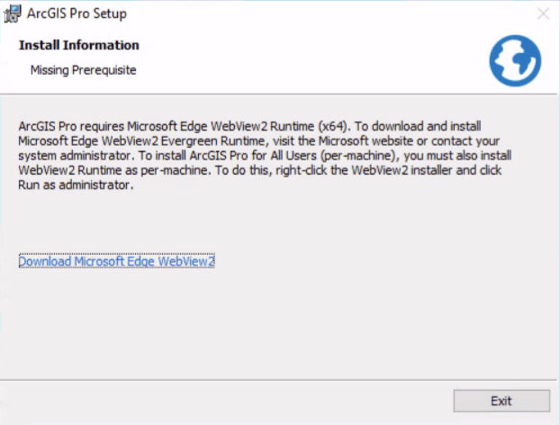 Missing prerequisite dialog when installing ArcGIS Pro 3.3 on a machine without WebView2 Runtime present