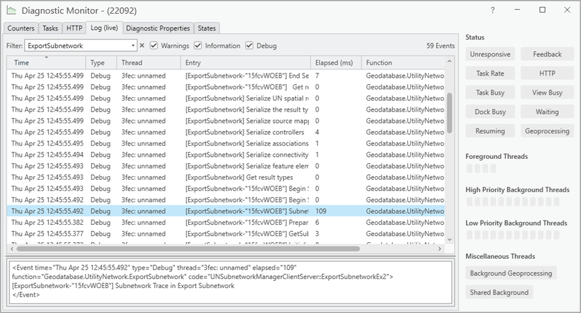 The ArcGIS Diagnostic Monitor displaying entries for the Export Subnetwork operation.