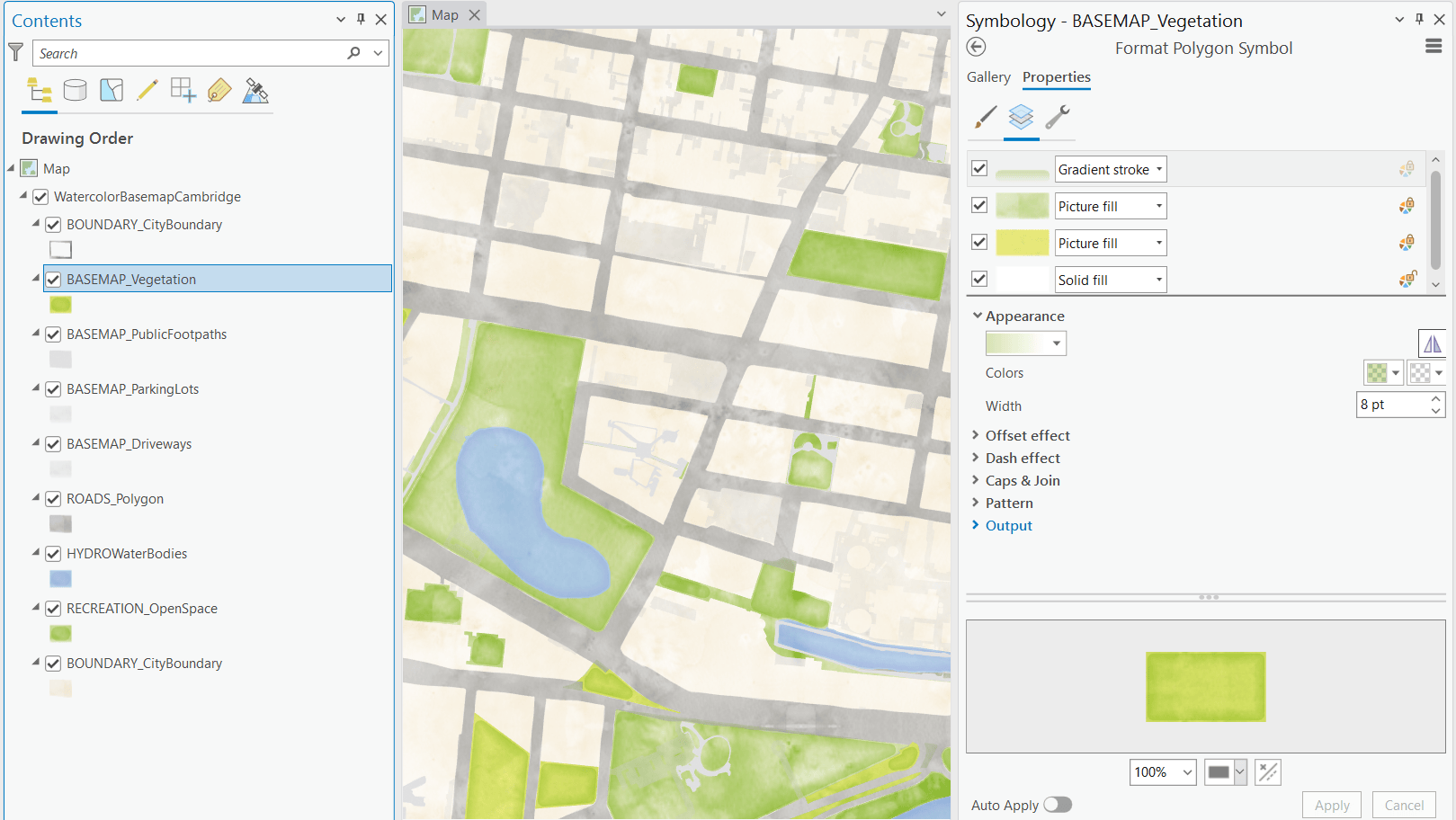 A screenshot of ArcGIS Pro, where watercolor styles are applied.