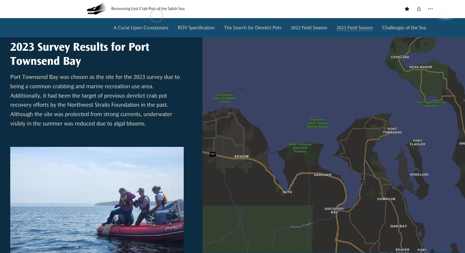 Recovering Lost Crab Pots of the Salish Sea uses the sidecar block throughout the story to reveal maps and media slowly with related narrative text