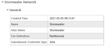 A table showing the properties of a stormwater domain network. The table shows the name and alias of the domain are stormwater, the tier definition is partitioned, and the subnetwork controller type is sink. A table showing the properties of a stormwater domain network. The table shows the name and alias of the domain are stormwater, the tier definition is partitioned, and the subnetwork controller type is sink.