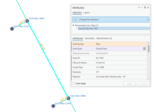 This graphic shows a map with a stormwater pipe selected. There is a popup that shows the pipe is a gravity pipe that belongs to a subnetwork called Catchment K. This graphic shows a map with a stormwater pipe selected. There is a popup that shows the pipe is a gravity pipe that belongs to a subnetwork called Catchment K.