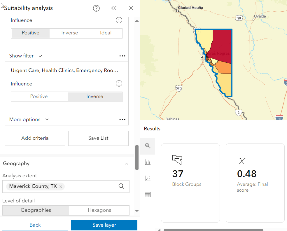 suitability analysis runs automatically and displays the results in the Results pane.