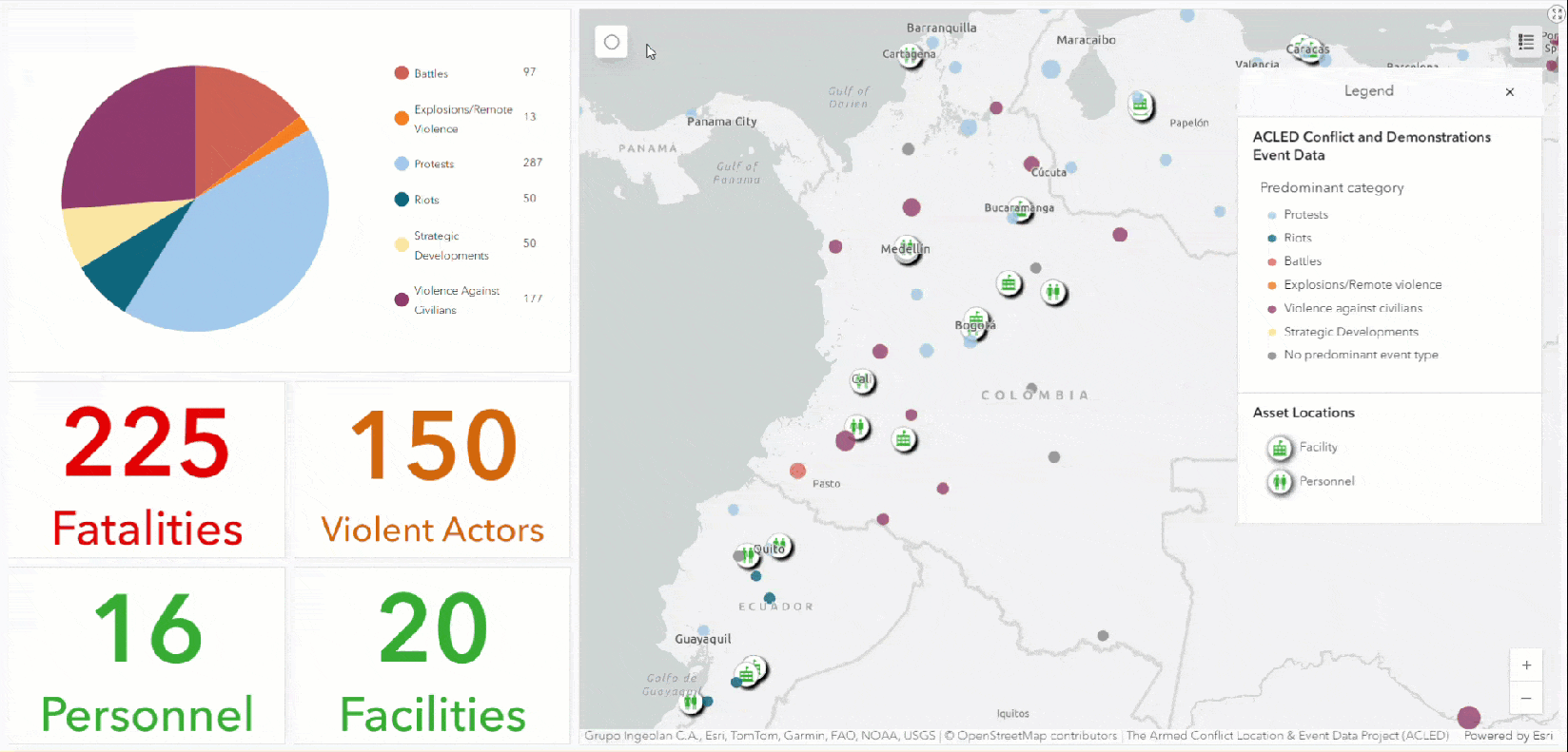 Animation of drawing a circle on a map and Dashboard elements updating counts of fatalities, actors, facilities, and personnel Animation of drawing a circle on a map and Dashboard elements updating counts of fatalities, actors, facilities, and personnel