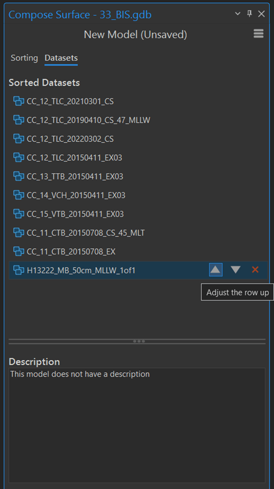 A list of sorted datasets on the Datasets tab of the Compose Surface tool, with the Adjust the row up arrow highlighted