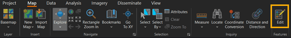 To activate Edit mode, navigate to the Map tab, in the Features group, and click Edit.