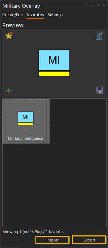 The favorites tab of the Military Overlay pane can be used to Import and Export military symbology.