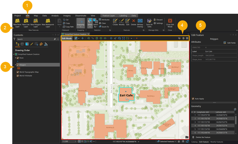 ArcGIS AllSource in Edit mode with building footprints.