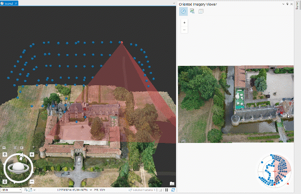 GIF showing a drone image in the oriented imagery viewer, with the 3D coverage and z-enabled image location points depicted in a scene alongside a 3D mesh GIF showing a drone image in the oriented imagery viewer, with the 3D coverage and z-enabled image location points depicted in a scene alongside a 3D mesh