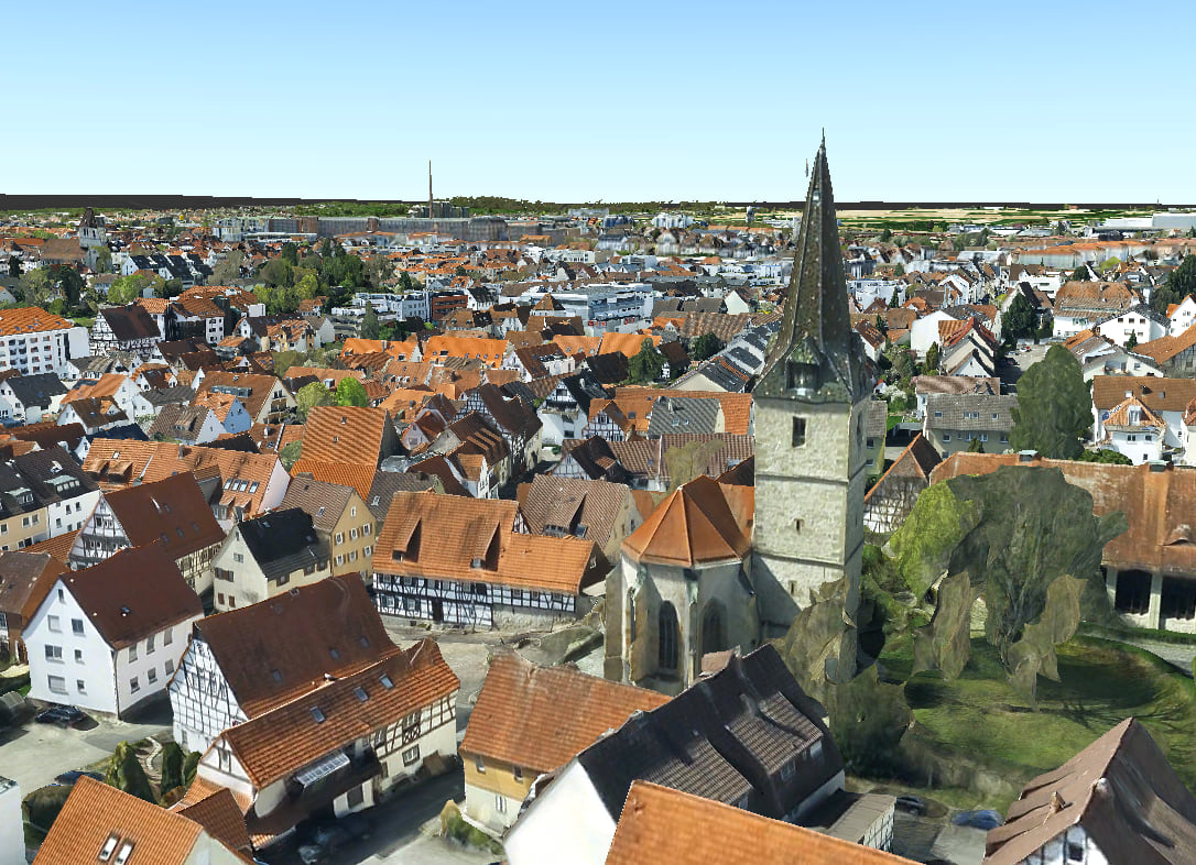 A screenshot of a 3D Tiles layer showing a church in Stuttgart