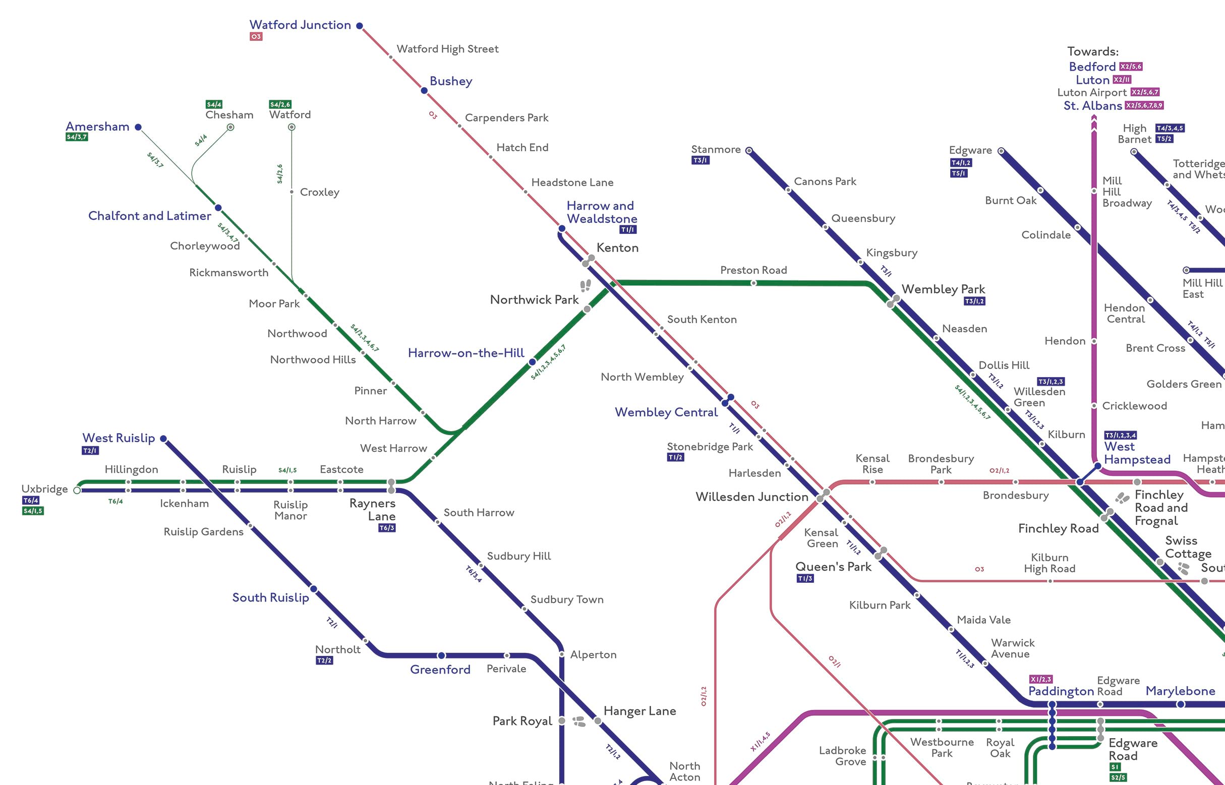 London Underground Overground: detail of upper left section of the main map. London Underground Overground: detail of upper left section of the main map.