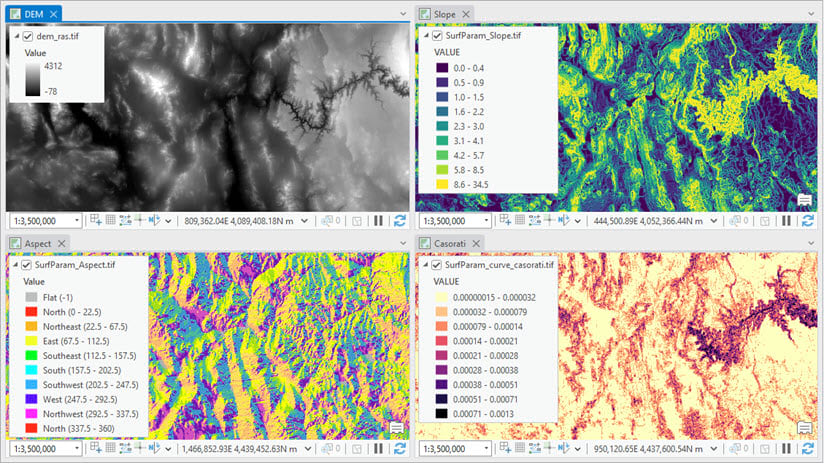 Example output of updated renderers applied to the Surface Parameters tool output in ArcGIS Spatial Analyst 3.3