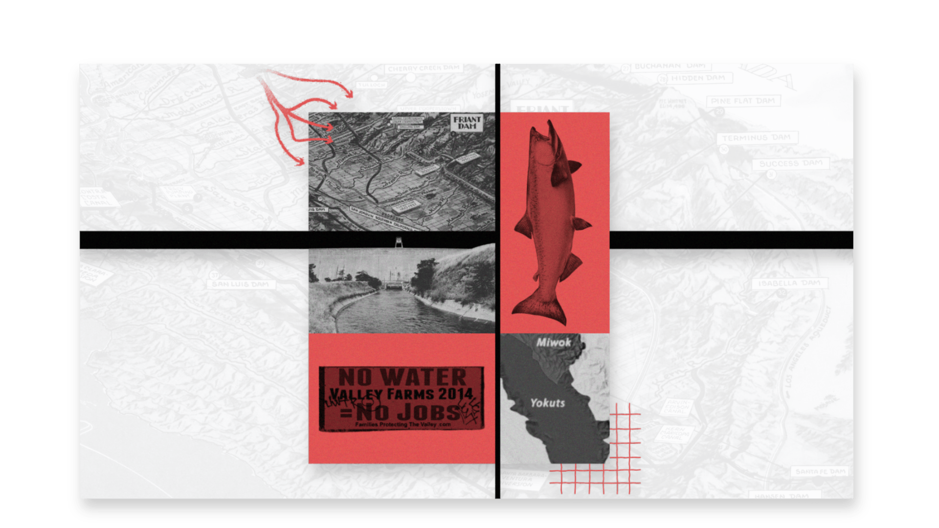 The cover graphic from story titled A spatial inquiry case study: Water development in the San Joaquin Valley overlaid with a screenshot of a grayscale historical map scan of water development in the San Joaquin Valley. The cover graphic from story titled A spatial inquiry case study: Water development in the San Joaquin Valley overlaid with a screenshot of a grayscale historical map scan of water development in the San Joaquin Valley.