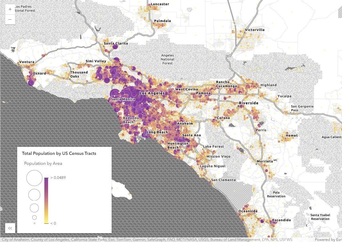 Total Population by US Census Tracts for Southern California including Los Angeles greater metro area.
