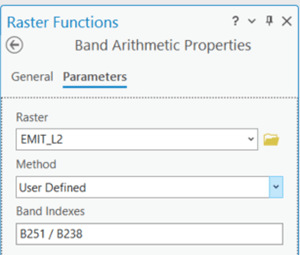 Band Arithmetic function UI with index calculation formula