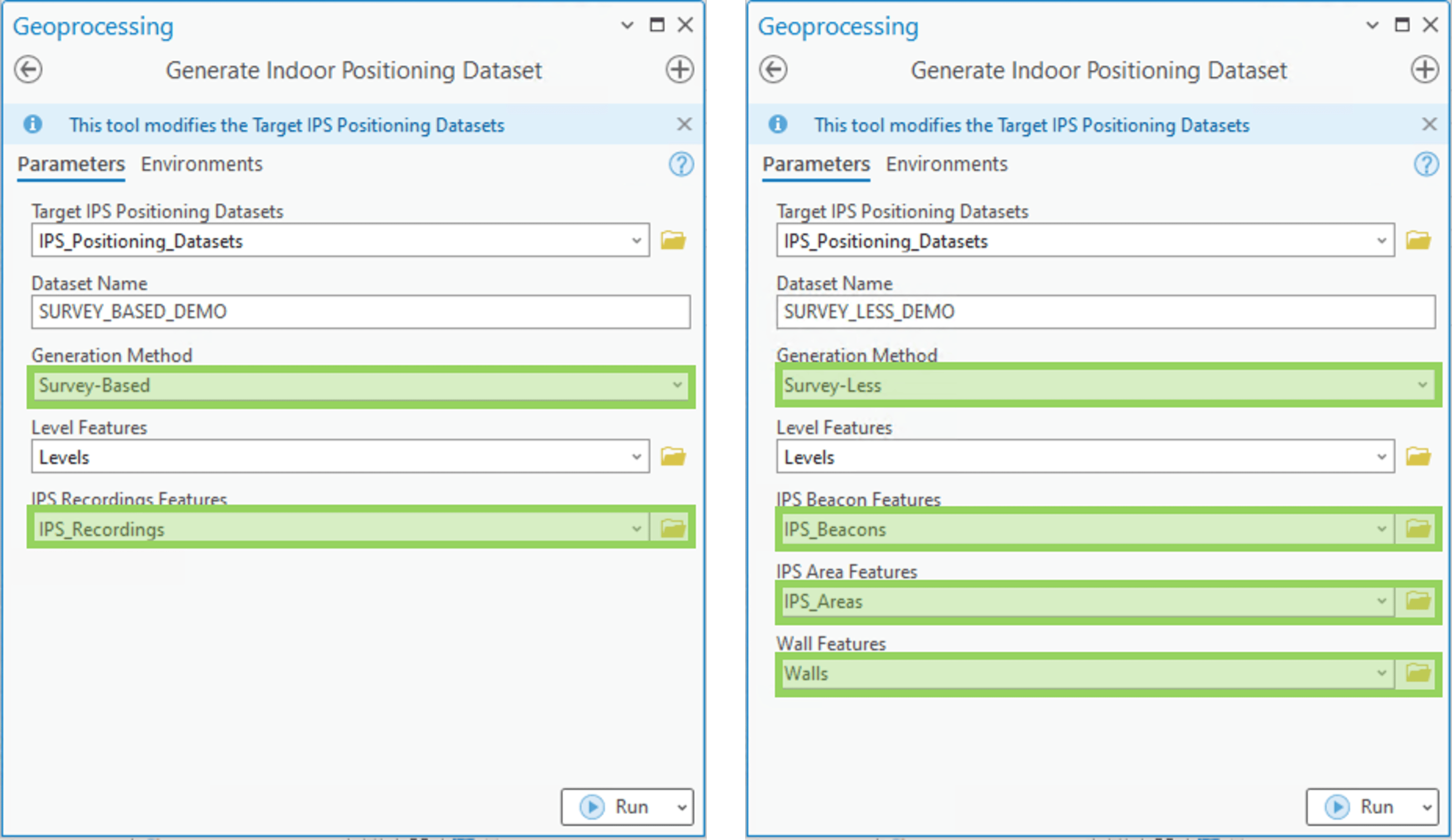 screenshot of ArcGIS Pro geoprocessing tool options to create an indoor positioning dataset