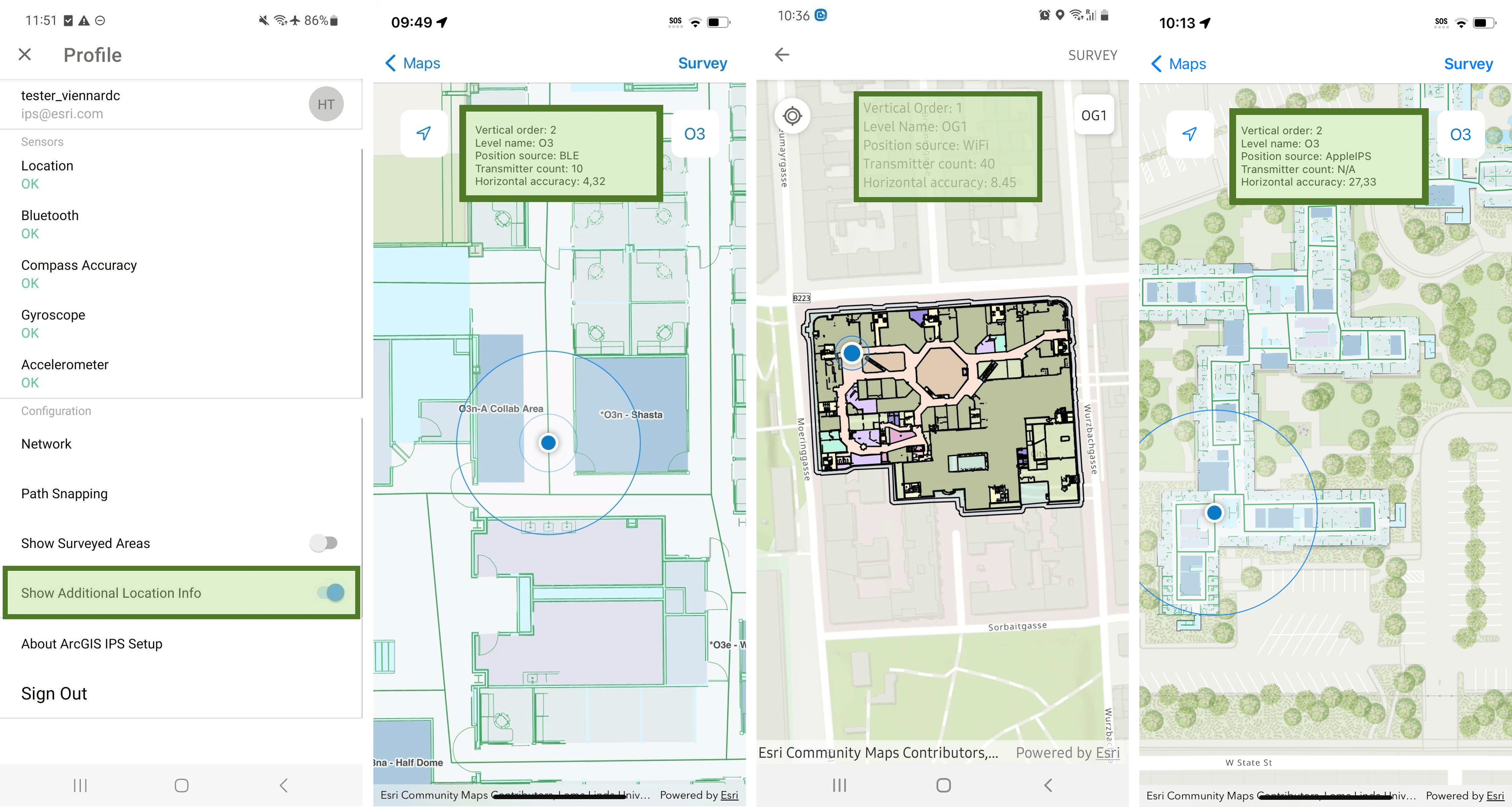 fpur screenshots of the ArcGIS IPS Setup app showing an indoor map of a building with the blue dot