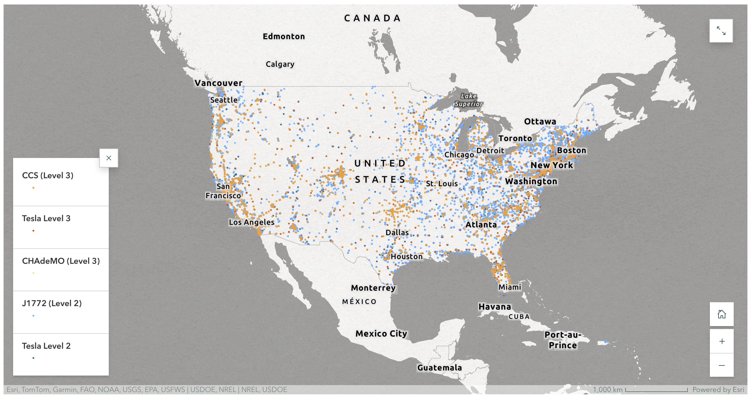 A screenshot of a web map in a story depicting all electric car chargers in the United States, with the legend open.