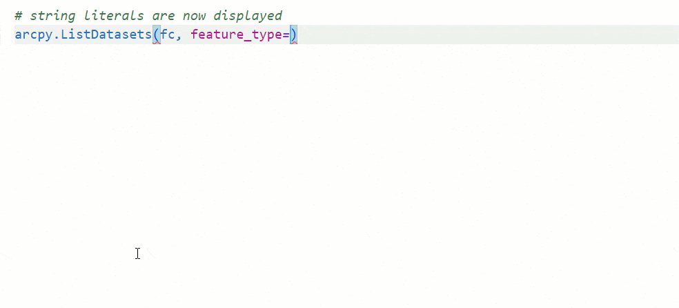 arcpy.ListDatasets has the feature_type parameter that will display the string literals you can choose from. arcpy.ListDatasets has the feature_type parameter that will display the string literals you can choose from.