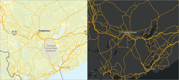 Map of roads with different basemaps