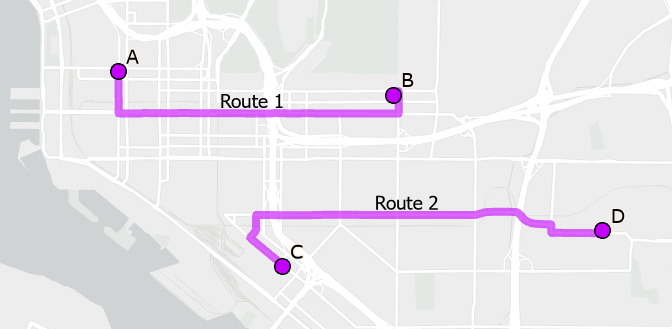 The results of the Route analysis showing two separate routes The results of the Route analysis showing two separate routes