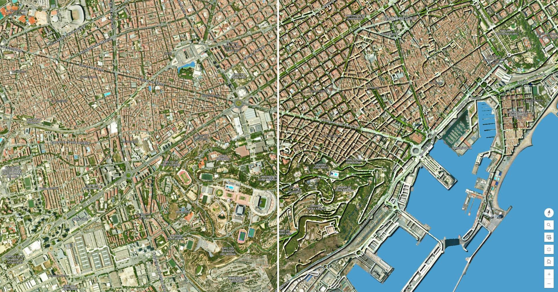 World Imagery with an embossed representation of the human footprint around Barcelona World Imagery with an embossed representation of the human footprint around Barcelona