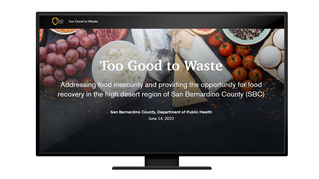 A computer screen displays the home screen of the Too Good to Waste program story A computer screen displays the home screen of the Too Good to Waste program story