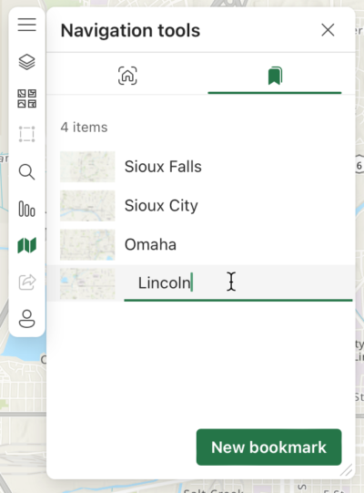 Typing in name of geographic bookmark in GUI. Typing in name of geographic bookmark in GUI.